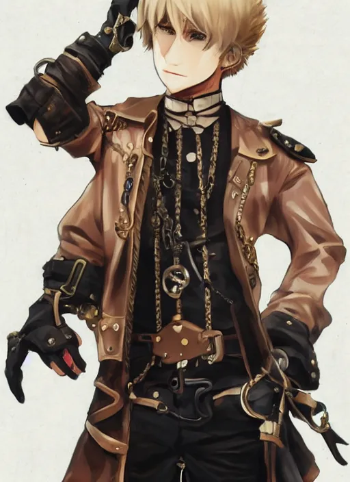 Image similar to a blonde boy thief in leathers with a steampunk armband in the style of krenz cushart