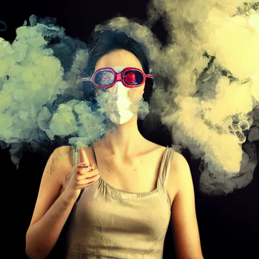 Image similar to full potrait of a woman.. Woman is wearing clothing covering the eyes. Wall of syringes in backround. Smoke effects forms question mark. Digital painting. Art station. Mood lighting. - h 1200