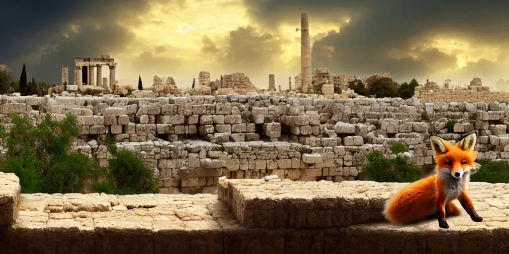 Image similar to a adorable small fox in the huge ruins of the second temple in jerusalem in the distance. the third temple hovers quietly hiding in the dreamy clouds above. a hooded bearded old man in a brown tunic laughing, colorful 8 k, art station, intricate superb details, digital art, illusion painting hidden temple.