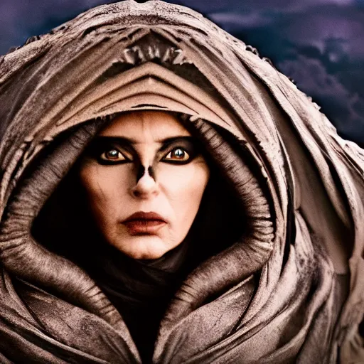 Prompt: a dark priestess from the movie Dune, exquisite, shot with a DSLR, trending, detailed fabrics, 8k
