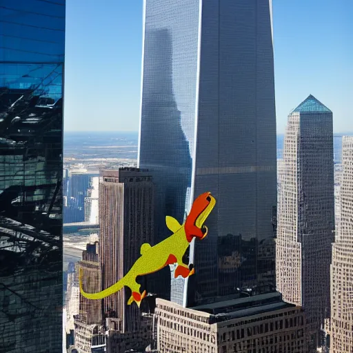 Image similar to Barney the Dinosaur flying a 777 right into one of the world trade center buildings