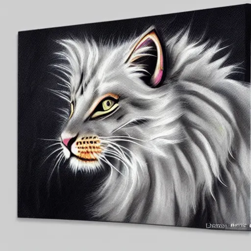 Prompt: cute fluffy grey tabby kitten with long colorful flowing lion mane with mohawk hairstyle hybrid animal detailed painting 4 k