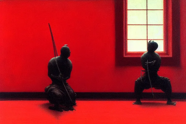 Image similar to only with red, a red samurai do seppuku, tokio, a lot of frogs watch, in the style of beksinski, parts by edward hopper, parts by rodcenko, parts by yue minjun, intricate and epic composition, red by caravaggio, insanely quality, highly detailed, masterpiece, red light, artstation, 4 k