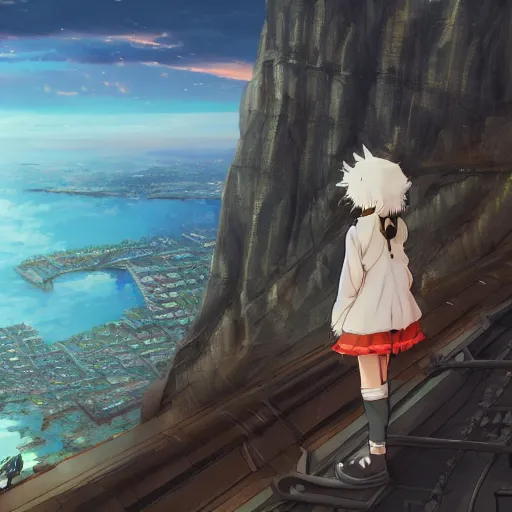 Image similar to anime neko - girl looking from the edge of the cliff on the giant city below, midnight, trending on artstation, highly detailed, satoshi kon artstyle