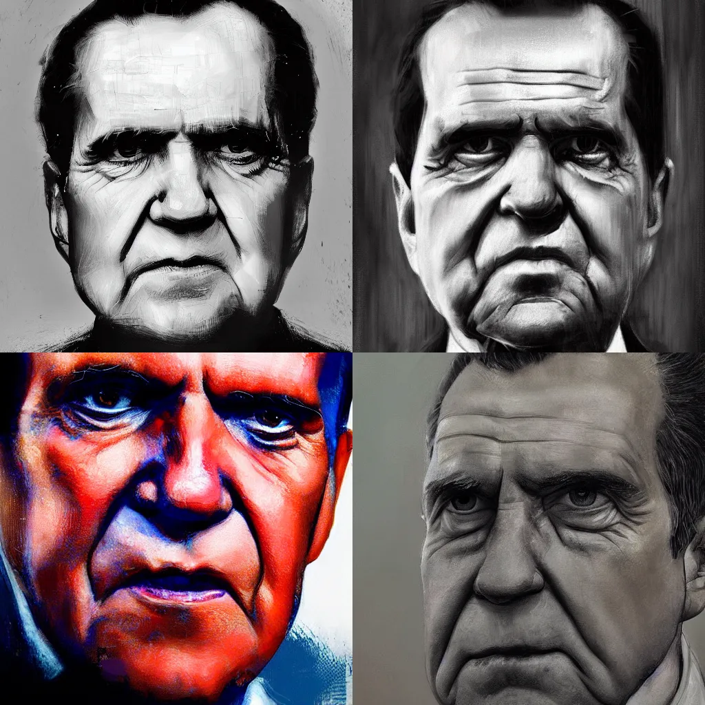 Prompt: A hyperdetailed digital oil portrait painting of Richard Nixon with a cold expression in the style of Guy Denning and Ruan Jia. Trending on ArtStation and DeviantArt. Digital art.