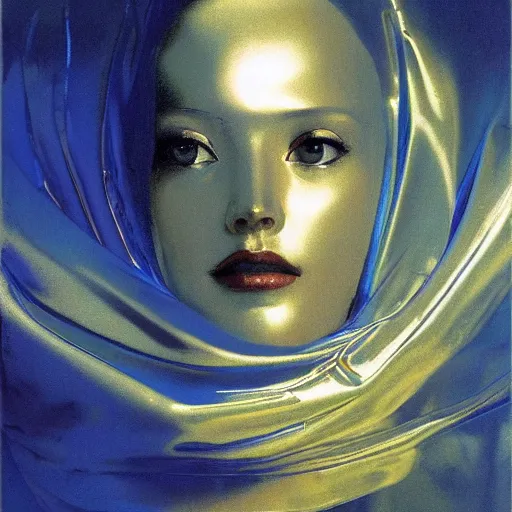 Prompt: a chrome woman's face in flowing sheets of cobalt blue gold chrome silver satin mirror foil, by moebius syd mead roger dean wojciech siudmak donato giancola yoshitaka amano ivan aivazovsky jan de heem pieter claesz aelbert cuyp paul delaroche alma tadema, hyperrealistic volumetric light render