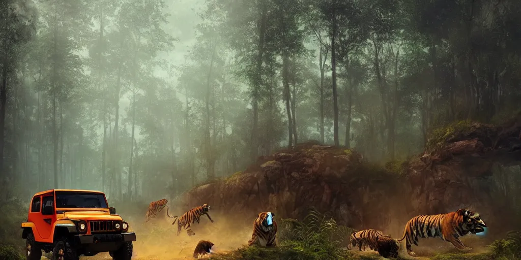 Image similar to Mahindra thar, in kerala forest, tigers and lions chasing, action scene, an epic fantasy, dramatic lighting, cinematic, establishing shot, extremely high detail, photorealistic, cinematic lighting, matte painting, artstation, by simon stalenhag, horizon forbideen west