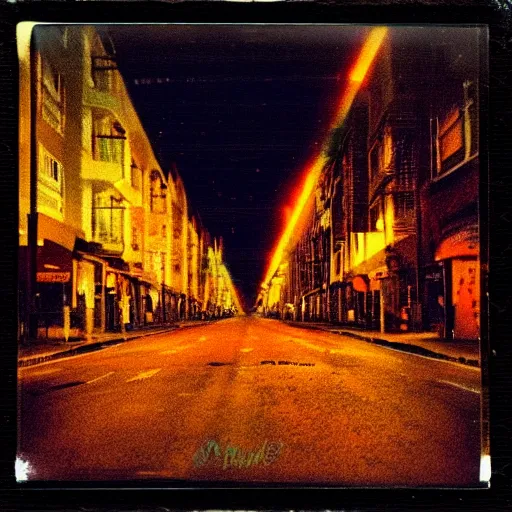 Image similar to colorful instant photograph of the middle of the street at night, polaroid, light leak, raw, nostalgic