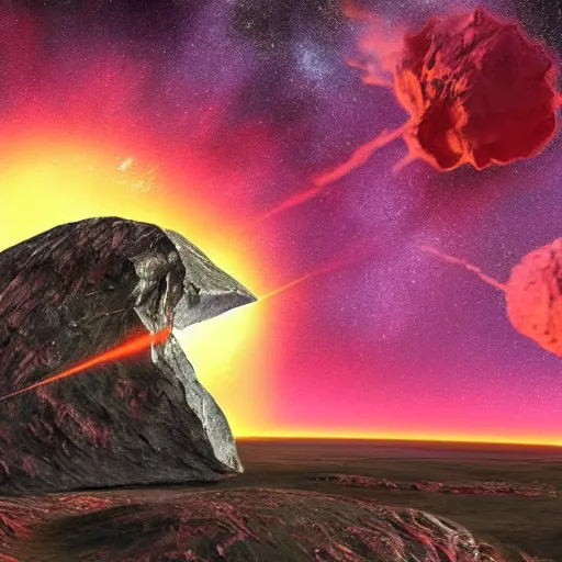 Prompt: Gigantic red-hot meteorite crashes into living planet, Bright colors, fantastic landscape, hyperrealism, no blur, 4k resolution, ultra detailed-i