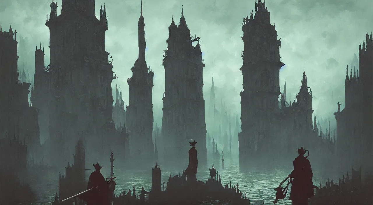 Prompt: single flooded simple bloodborne tower, very coherent and colorful high contrast!! masterpiece by rene magritte simon stalenhag carl spitzweg syd mead norman rockwell edward hopper james gilleard, minimalist, dark shadows, sunny day, hard lighting
