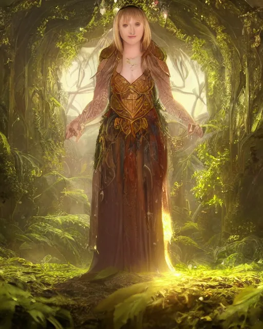 Image similar to Beautiful art portrait of Melissa Rauch as a fantasy priestess in a bright temple surrounded by lush forest, atmospheric lighting, intricate detail, cgsociety, hyperrealistic, octane render, RPG portrait, ambient light, dynamic lighting