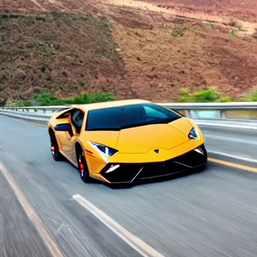 Image similar to Lamborghini driving on highway with three banana peels following directly behind it