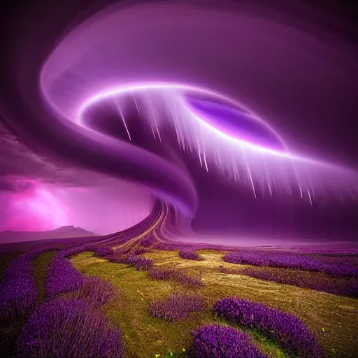 Image similar to amazing photo of a purple tornado in the shape of a funnel by marc adamus, digital art, beautiful dramatic lighting
