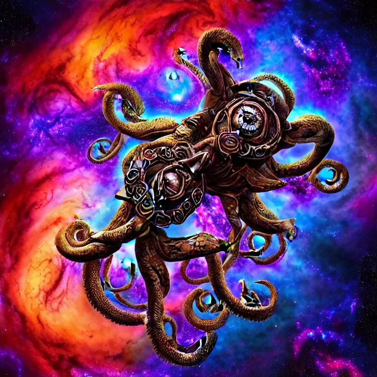 Image similar to a dramatic and beautiful digital matte painting of large space octopus with legs made of fractal celtic knots floating in front of beautiful nebulae, trending on cgartist, hi-fructose, mandala, ultra detailed 8k