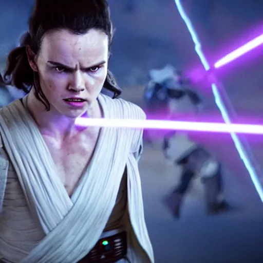 Image similar to evil corrupted rey from star wars using the force to crush stormtroopers, sith lord, dark side, cinematic movie image, both hands raised to use the force, hd photo, full body shot, face focus, played by daisy ridley