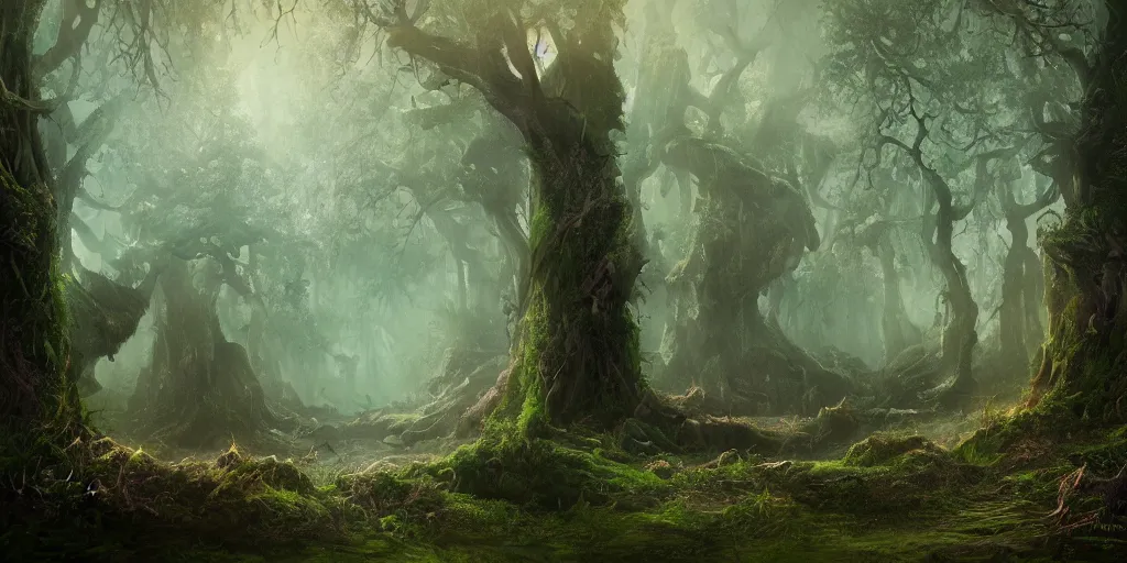 Image similar to beautiful matte painting of a fantasy dark forest