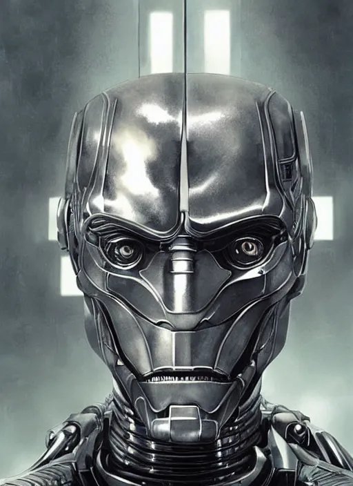 Image similar to portrait of willem dafoe as tinman, cyborg, borg, android, strogg, face of a man, robocop, cable, victor stone, ultron, terminator, machine, flesh, quake, doom demon, wolfenstein, monster, symmetry, symmetrical, concept art by ruan jia and greg rutkowski