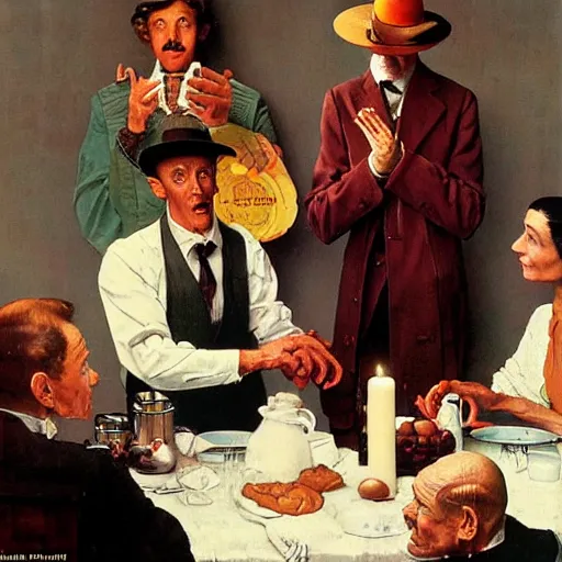 Image similar to a thin man wearing a hat entertains jesus christ with a magic trick in the kitchen, painted by norman rockwell and tom lovell and frank schoonover