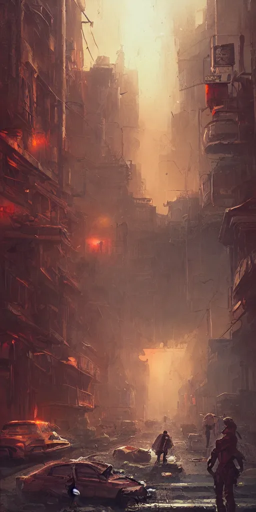 Image similar to a post apocalyptic street scene in the style of Sylvain Sarrailh, the occult, mysterious, strangeness, beautiful digital art, cinematic composition, detailed, concept art, Matt painting, oil painting, high res