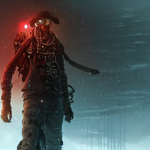 Image similar to i am a cyborg pirate in cyberpunk when visiting frostpunk