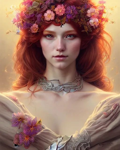 Prompt: Beautiful, naughty and playful ethereal ginger portrait, art nouveau, fantasy, intricate flower designs, elegant, highly detailed, sharp focus, art by Artgerm and Greg Rutkowski and WLOP