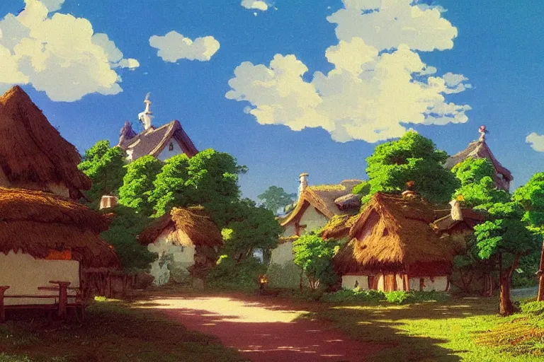 Prompt: peaceful village landscape, studio ghibli, anime background, lively colors, art by albert bierstadt