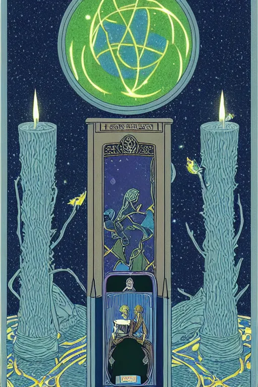 Prompt: tarot card wiccan bakground glass in the throne room, minnesota timberwolves, midnight blue, aurora green, lake blue, moonlight grey, intricate elegant highly detailed by wes anderson and hasui kawase and scott listfield