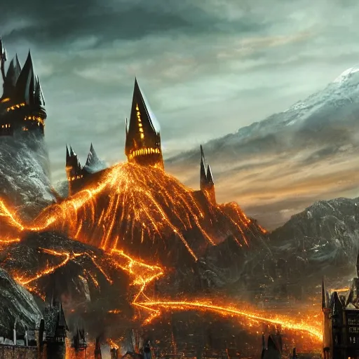 Image similar to harry potter taking a golden ring to mordor, mordor as a bustling city, extremely detailed, sharp focus, skyline, vast, gothic, lord of the rings, mount doom, 4 k, fantasy, concept art, gritty