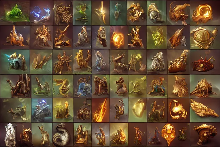 Prompt: highly detailed icons of various fantasy items from fantasy game. perfect lighting, ray tracing, realistic.