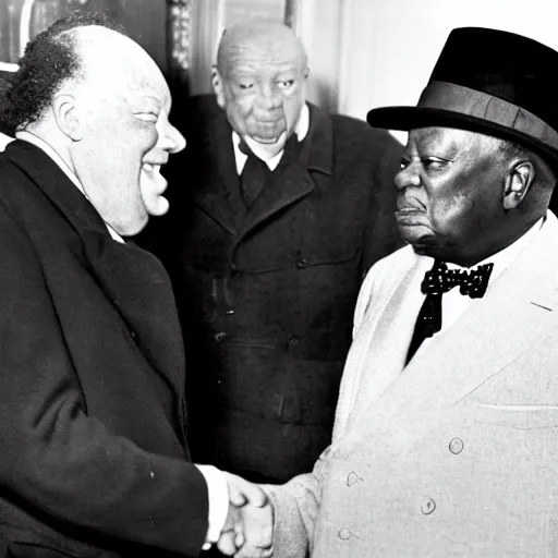 Image similar to 26 year old black man meeting Winston Churchill for the first time, old photo