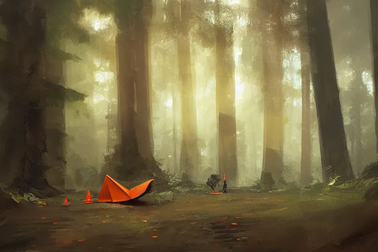 Prompt: orange construction cones, in a forest, atmosphere, highly detailed, craig mullins, james jean, digital painting, cinematic lighting, 4 k