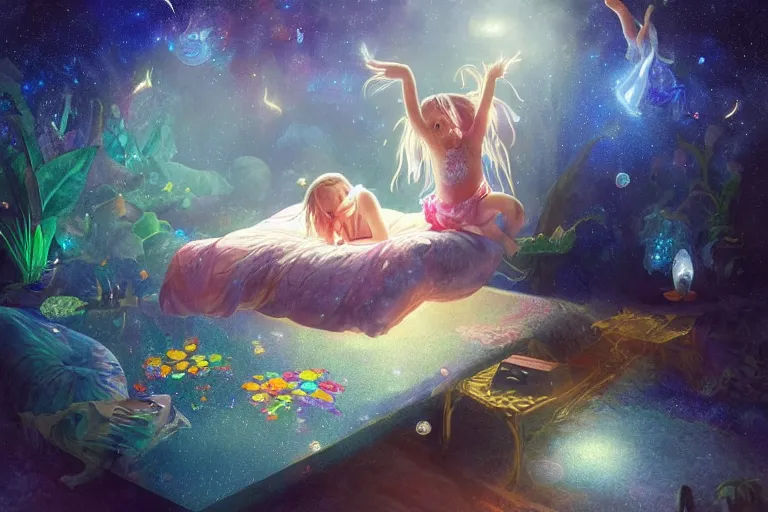 Prompt: a child falling into his bed to find a fantasy world, psychedelic, whimsical, 4k, beautiful, a crystal and flower, reflective pool, surrounded by gems, underneath the stars, rainbow fireflies, trending on patreon, deviantart, twitter, artstation, volumetric lighting, heavy contrast, art style of Greg Rutkowski and Miho Hirano and Ross Tran