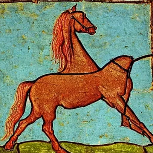 Image similar to medieval painting of a horse by someone who does not know what a horse looks like.