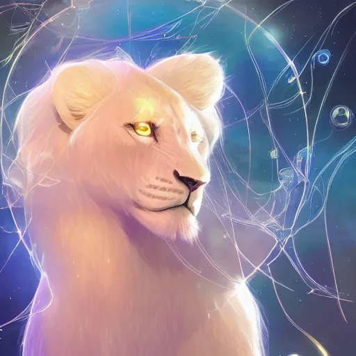 Prompt: aesthetic portrait commission of a albino male furry anthro lion wearing a cute holographic iridescent long sleeved silky reflective shirt outfit with bubble patterns and shapes, winter Atmosphere. Character design by charlie bowater, ross tran, artgerm, and makoto shinkai, detailed, inked, western comic book art, 2021 award winning painting