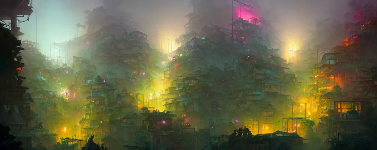 Image similar to cloud forest neon favelas by peter mohrbacher and craig mullins and james jean and marc simonetti