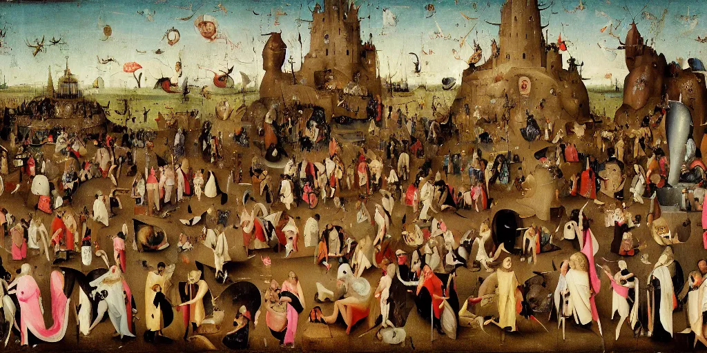 Prompt: a large crowd of smiling people staring at the camera in the foreground, pagan worshippers in robes around a statue of moloch, hieronymus bosch, extreme details, vibrant colors, extreme detailed people