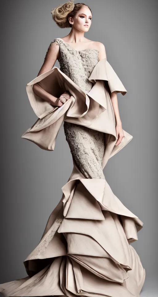 Prompt: haute couture, fold layered flutter, heavy fabric full piece, volume aesthetic, romantic and light tones scheme, sigma 8 5 mm f _ 8, high detail