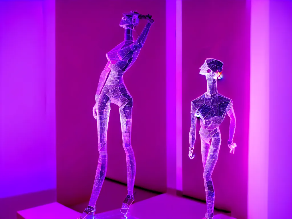 Image similar to beautiful mannequin sculpted out of amethyst by billelis + lit with purple 3 d geometric neon + chrome geometric cubed bonsai plants!!!!, doorway opening with neon pink geometric light, clean linework, dramatic, finely detailed, rule of thirds, moody, confident, award winning, 4 k, trending on artstation, photorealistic, volumetric lighting, octane render