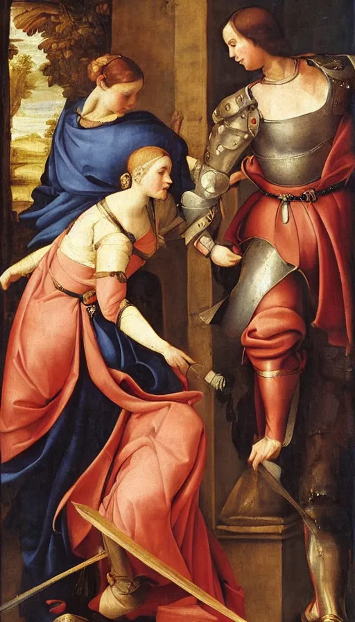 Prompt: renaissance painting!! depicting a woman knight!!! in high quality!! courting a damsel!!!