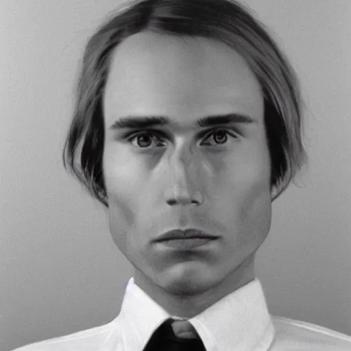 Image similar to A mugshot portrait of a man who looks like Jerma985 with medium length wavy hair, a combover and wearing late 1970s menswear in the late 1970s, taken in the late 1970s, grainy, realistic, hyperrealistic, very realistic, highly detailed, very detailed, extremely detailed, detailed, trending on artstation, front facing, front view, headshot and bodyshot, detailed face, very detailed face