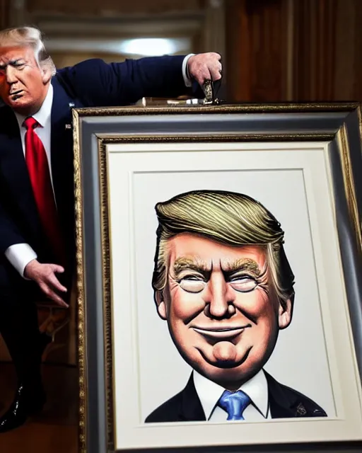 Prompt: a presidential portrait of donald trump in the style caricature artist dan springer hanging on a wall at mar - a - largo