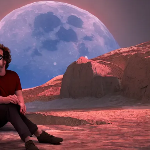 Image similar to gustavo cerati sitting on the red moon, digital art, matte painting, render unreal engine, highly detailed, asymmetrical