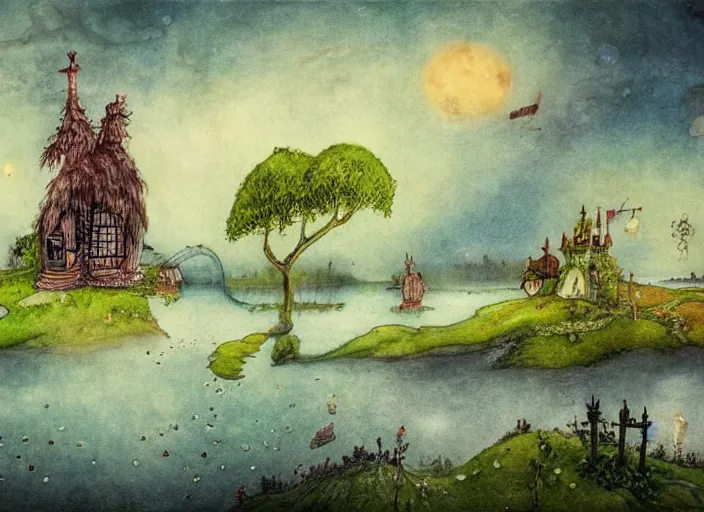 Image similar to a fantasy landscape with houses around a big lake, lowbrow in the style of alexander jansson and john bauer,