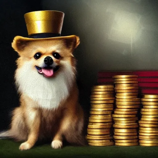 Image similar to A pomeranian wearing a top-hat and a monocle, sitting on a pile of gold coins