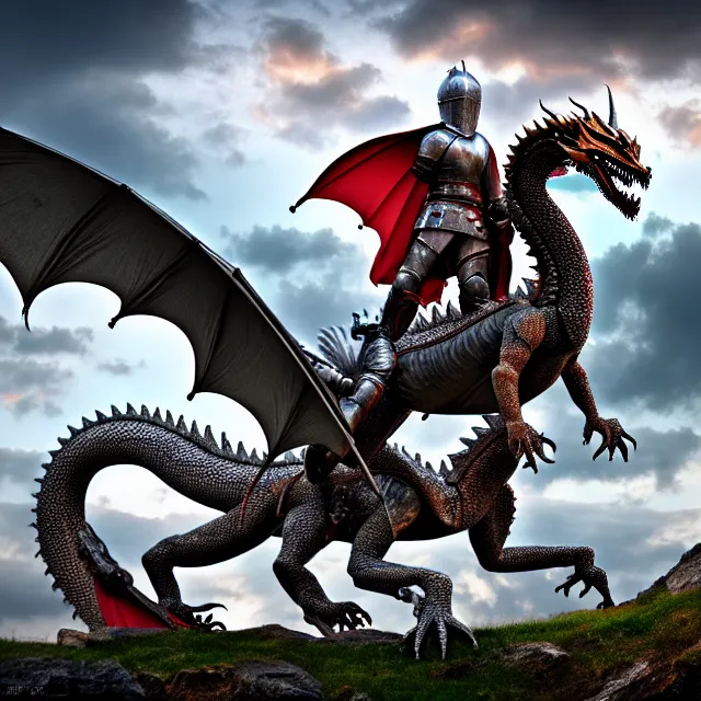 Image similar to knight riding a dragon, highly detailed, 8 k, hdr, smooth, sharp focus, high resolution, award - winning photo