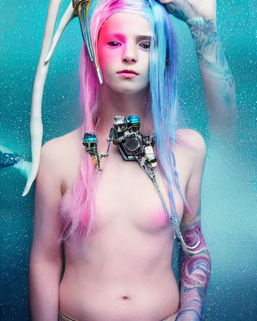 Image similar to natural light, soft focus portrait of a cyberpunk anthropomorphic narwhal with soft synthetic pink skin, blue bioluminescent plastics, smooth shiny metal, elaborate ornate head piece, piercings, skin textures, by annie leibovitz, paul lehr