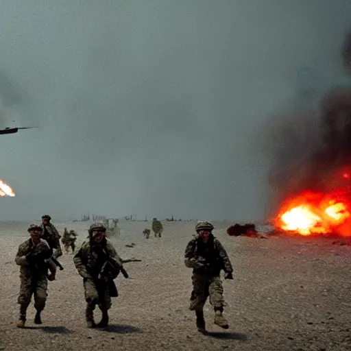 Image similar to american soldiers running at the camera during normandy beach landing with fiery explosions and debris all around them in the style of the movie lone survivor and saving private ryan, gritty, 4 k, cinematic lighting,