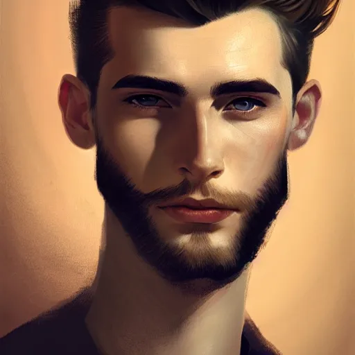 Image similar to tall man in his twenties with brown blond short quiff hair and round facial structure with cleft chin, straight eyebrows, slightly smiling, cheekbones, wider face, shadow of beard, atmospheric lighting, painted, intricate, 4 k, highly detailed by charlie bowater