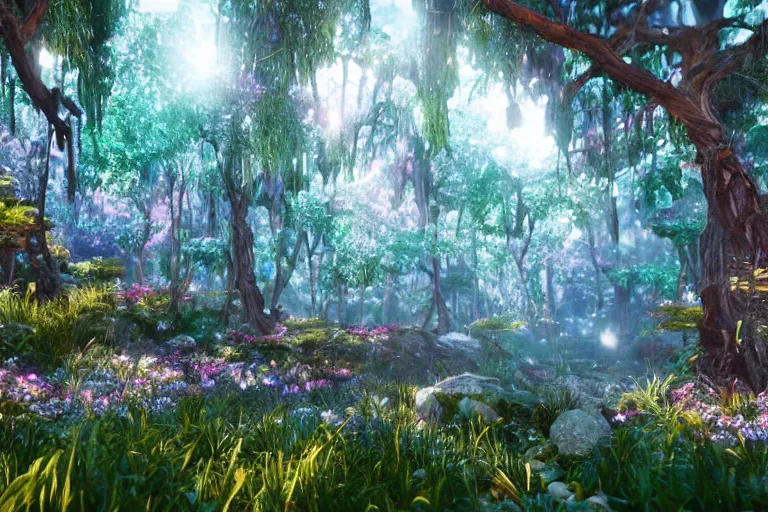 Prompt: crystal forest with gilded trees and jeweled flowers by unreal engine, photorealistic