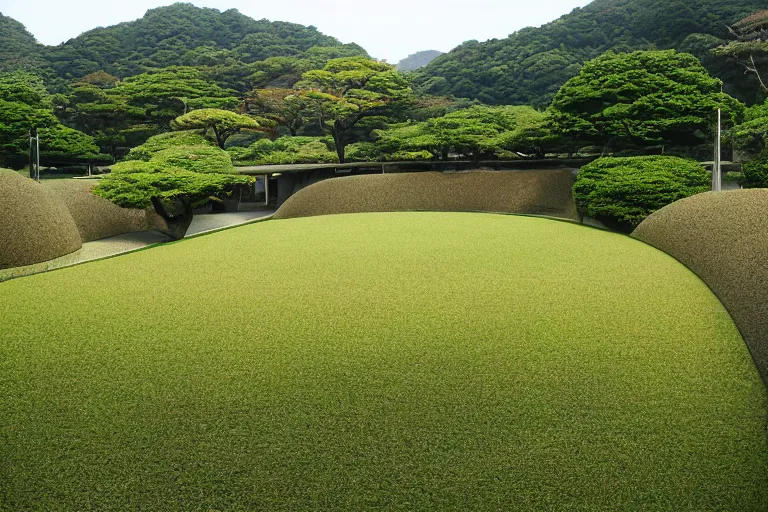 Prompt: The Oval at Benesse Art Museum Naoshima, Japan, built by Tadao Ando, curved brutalist architecture, small pond in the center, overgrown with grass and flowers